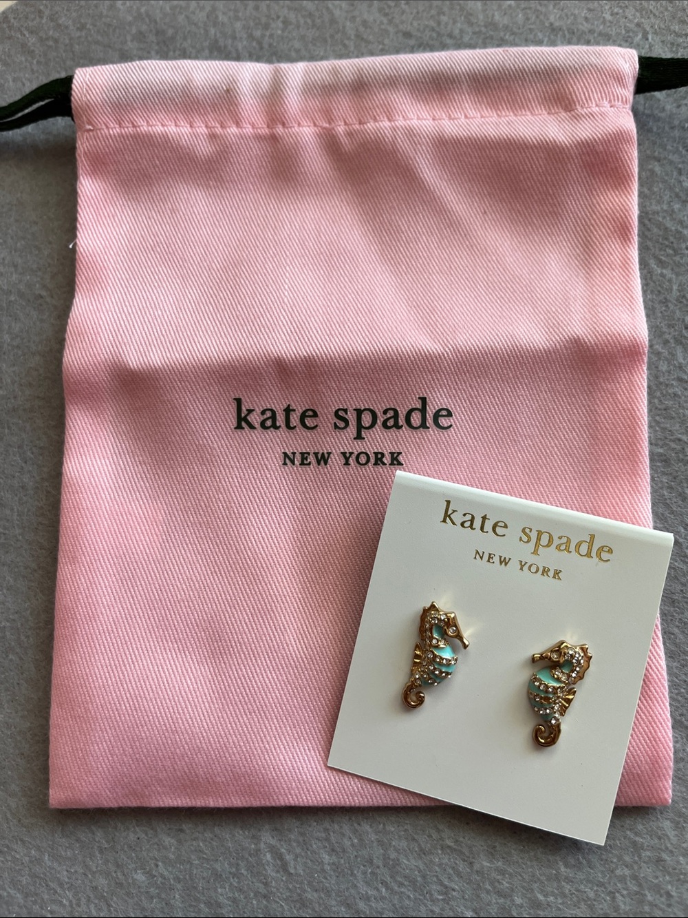 kate spade Pink Drawstring Pouch with Gold & Aqua Seahorse Earrings